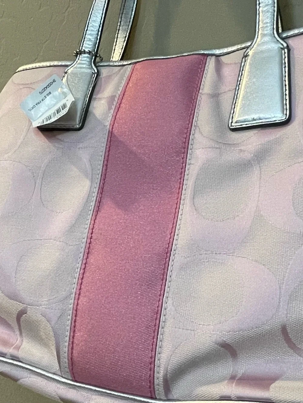 Pink Patterned Tote with Silver Trim and Top Frame Closure